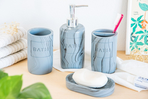 Set De Baño Gris Veteado 4 Piezas 1 Disp 1 Jabo  2 Porta Cep 1