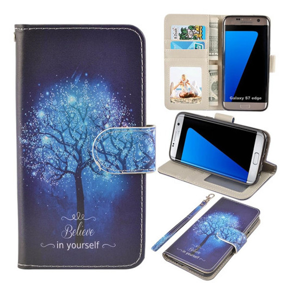 S7 Edge Case, Funda Cuero Flip Case Con Ranuras  Tarjetas 0