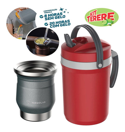 Kit Terere Cuia Tupi Chumbo + Jarra Fliptop Vermelha 2,5l 1