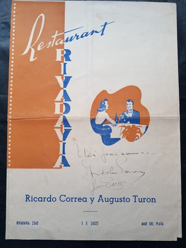 Antiguo Menú Y Publicidad Restaurante Mar Del Plata. 51472. 0