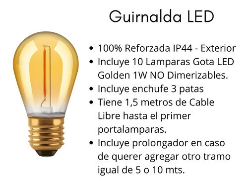 Guirnalda Led Exterior Gota Golden Deco 1w 5mts Reforzada 1