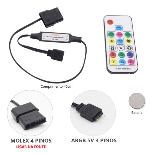 Controladora Argb Cooler Fan 3 Pinos 5v Molex Adaptador Led 1