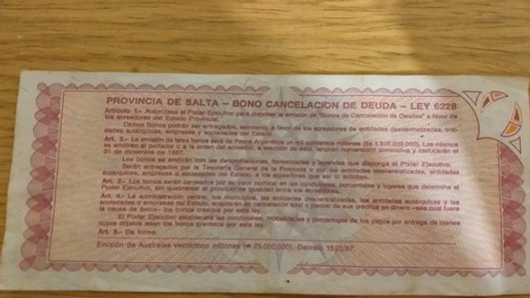 Billete 1 Austral Provincia De Salta Bono Cancelación Deuda 1