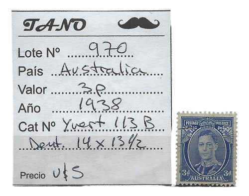 Lote970 Australia 3 P. Año 1938 Yvert# 113 B Dent. 14x13,1/2 0