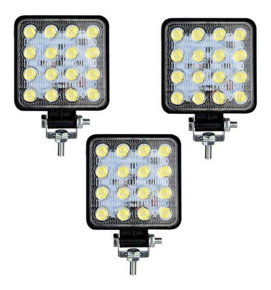 Kit 3 Faros 16 Led Auxiliar Cuadrado Maquinaria Agropecuari 0