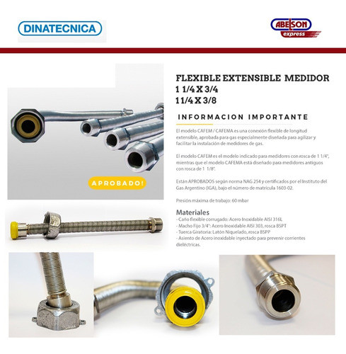 Flexible Para Medidor 3/4 X 1 1/8 Dinatecnica Gas C 1