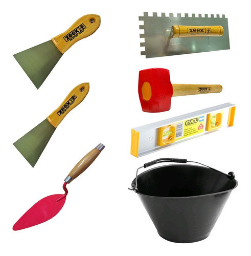 Combo Balde + Maza + Nivel + Cuchara + Espatulas De 30 Y 50 Mm Zeex + Llana Dentada Zeex 8 X 8 Albañileria 1