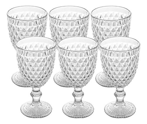 6 Taças De Vidro 340ml Transparente Decorativo Alto Relevo 0