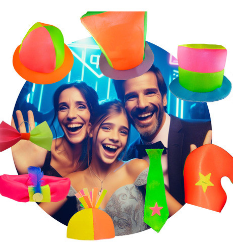 Combo 10 Gorros Tela Fluo Cotillon Sombrero Corbata Moño 1