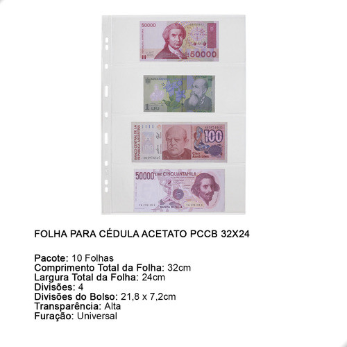 Kit 10 Folhas Para Cédulas 32x24 Acetato 4 Espaços 1