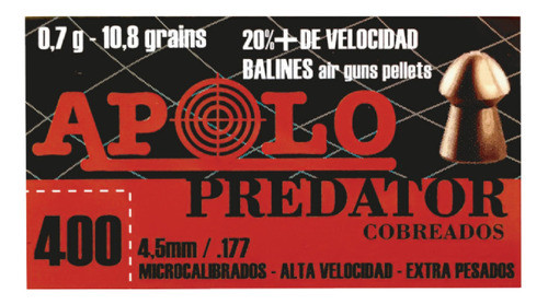 Balines Apolo Predator C.4.5  X 400 Unidades 11 Grains   0.7 0