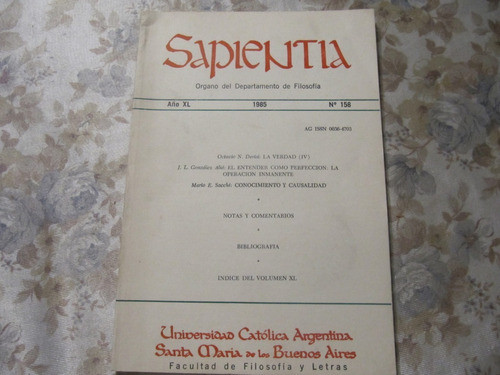 Sapientia - Organo Del Departamento De Filosofia 1985 N° 158 0