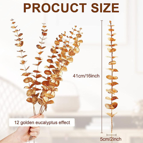 12 Piezas De Oro Tallos De Eucalipto Artificial Faux Eucalyp 1