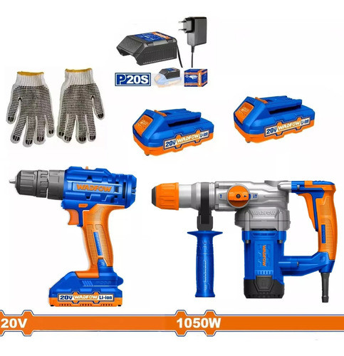 Kit Wadfow Taladro Atornillador 20v + 2bat + Rotomartillo 1