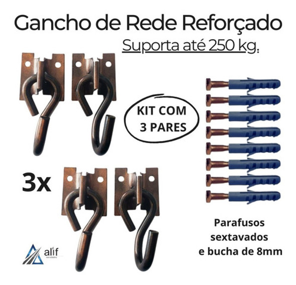 Kit 3x Gancho De Rede Reforçado Colonial 3/8+ Parafuso/bucha 1