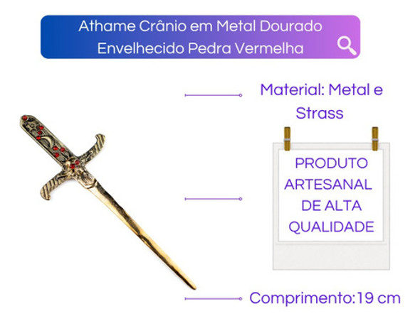 Athame Crânio Em Metal Dourado Envelhecido 19 Cm 1