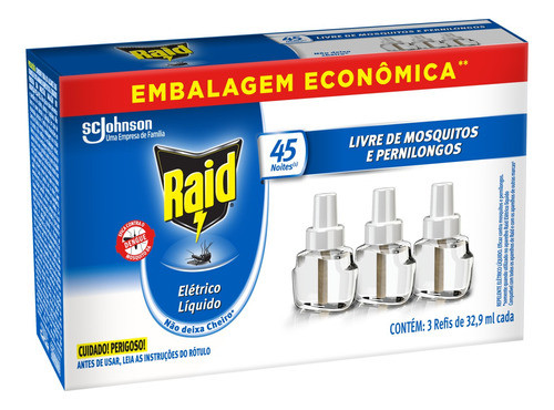 Repelente Elétrico Líquido Raid 45 Noites Refil 3un 32,9m 0