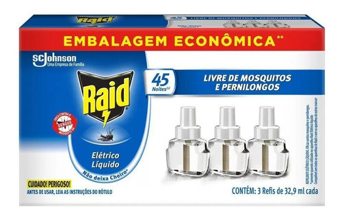 Repelente Elétrico Líquido Raid 45 Noites Refil 3un 32,9m 1