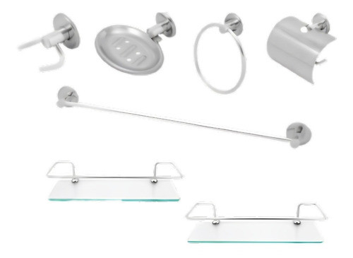 Kit Acessórios Banheiro Inox 5 Peças + 2 Porta Shampoo Reto 0