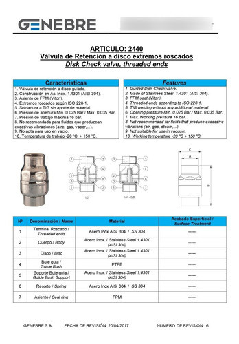 Válvula Retención Disco Extremos Roscados 1¨ Genebre 2440 1