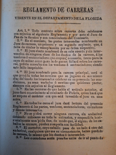 Reglamento De Carreras Departamento De Florida 1874 Uruguay 0