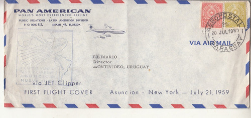 1959 Sobre Pan American First Flight Cover Asuncion New York 0