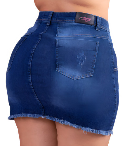 Saia Jeans Plus Size Com Lycra Cintura Alta Destroyed 1