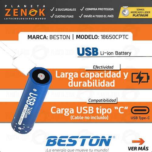Pila Bateria 18650 Recargable Usb Tipo C 2000 Mah 3.7 V 1