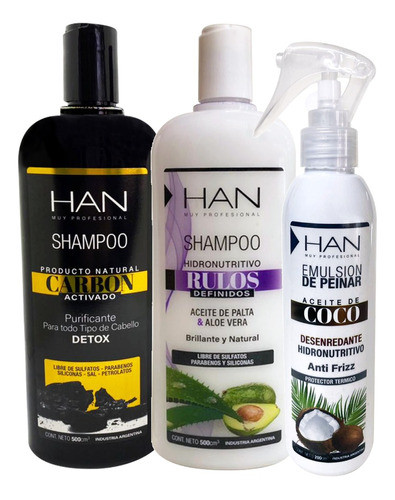 Combo X2 Shampoo Carbon Activo - Rulos + Desenredante Han 0