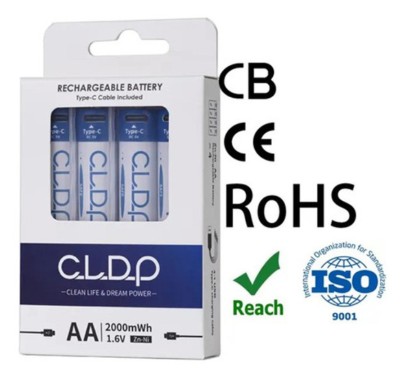 Pilas Aa Recargables 4/u Usb-c Zn-ni 1.6v-2000mwh Premium 0