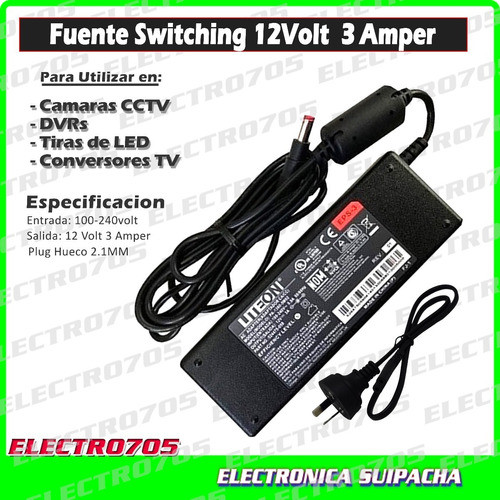 Fuente 12v 3a Plug 2.1mm Para Camaras Dvr Led En Tira Tvbox 1
