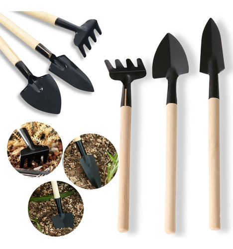 Set Herramienta X3 De Jardinería Mini Pala Mango Madera 0