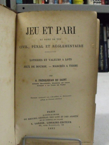 Livro - Jeu Et Pari -  G. Frèrejouan Du Saint 0