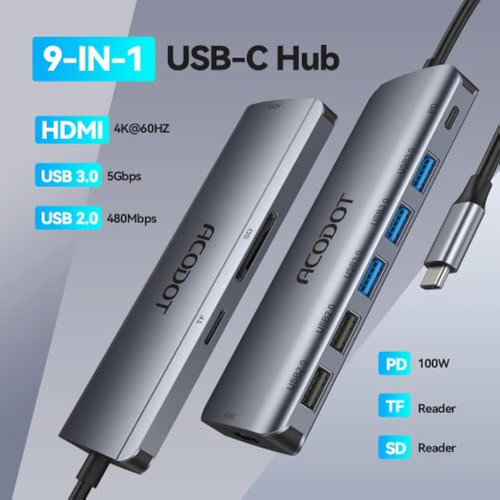 Hub Usb C, Acodot 9 En 1 Usb C A 4k @60hz Hdmi 1