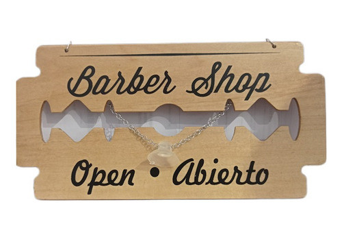 Cartel Barber Shop Abierto - Cerrado En Madera Navaja Filo 0