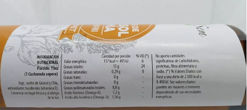 Aceite De Girasol Y Chía 250cc Nutrasem Prensado En Frio Dw 1