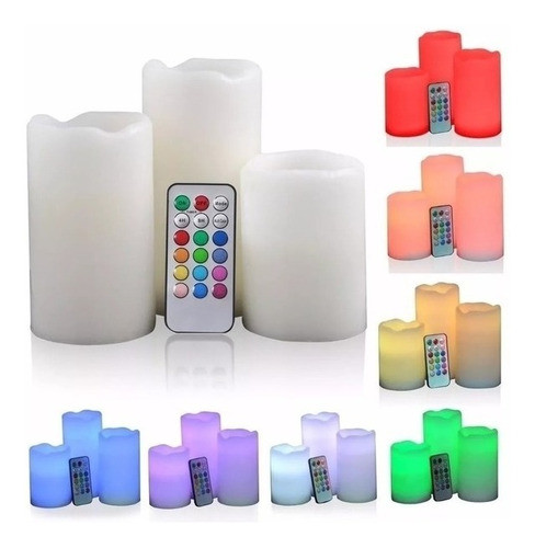 Set 3 Vela Velones Led A Pilas Calido Fuego C/ Control + Env 0