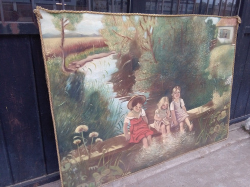 Antiguo Enorme Cuadro Frances 1919 Oleo Pintura Firmada 0