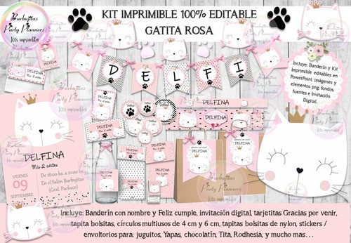 Kit Imprimible Candy Bar Gatita Gata Rosa 100% Editable 0
