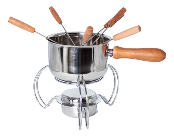 Fondue Olla Acero Inoxidable 6 Pinches Mango De Madera Base 0