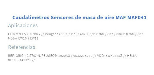 Maf 041 Caudalímetro 5wk9628z C5 - 406 - 407 - 806 - 807 1