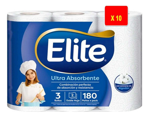 Rollo De Cocina Elite 3 X 60 Paños X 10 Paquetes 0