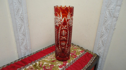 Florero Jarron Cristal Rubi Antiguo Tallado Imponente Miralo 0