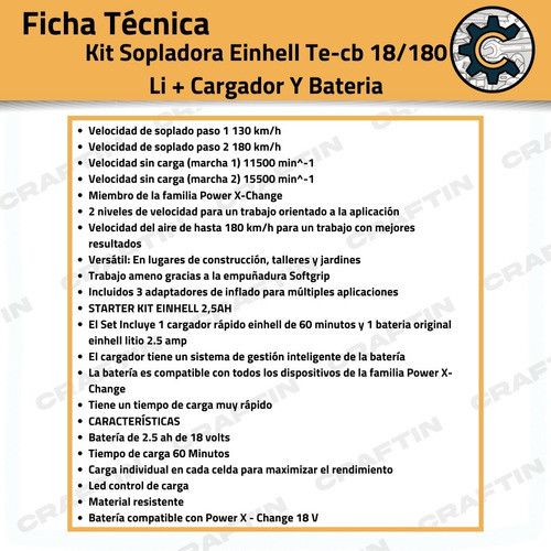 Kit Sopladora Einhell Te-cb 18/180 Li + Cargador Y Bateria 1