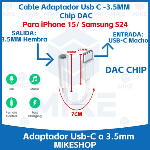 Adaptador Audio Usb C A Plug 3.5mm Para iPhone 15 S24 / Mike 1