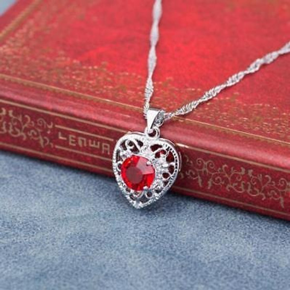 Corazón Redondo Cristal Rojo 925 Plata Esterlina Mujeres Pla 1