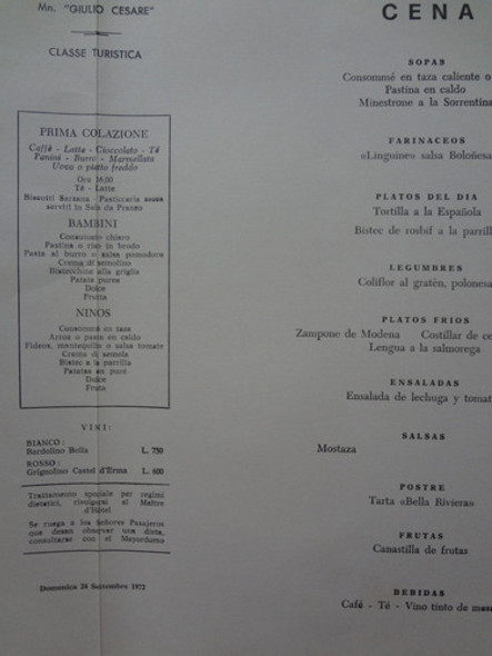 Cardapio Mn. Giulio Cesare Italian Line 24 09 72 1