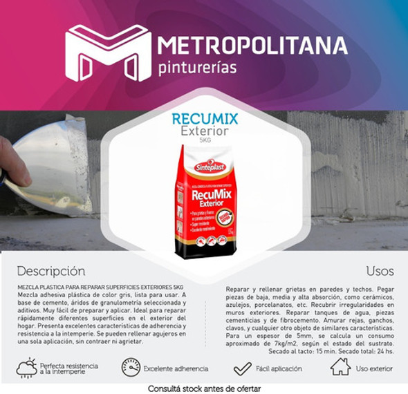Recumix Exterior Mezcla Cementicia Plástica Para Reparar 5kg 1