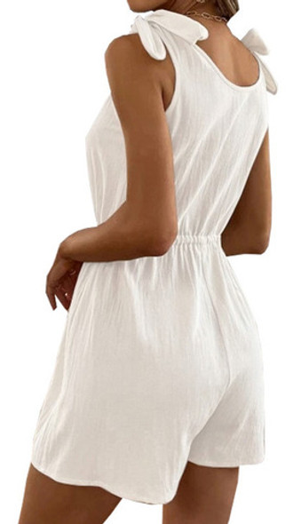 Macacão Curto Feminino Sem Mangas Com Botão Frontal E Gravat 0