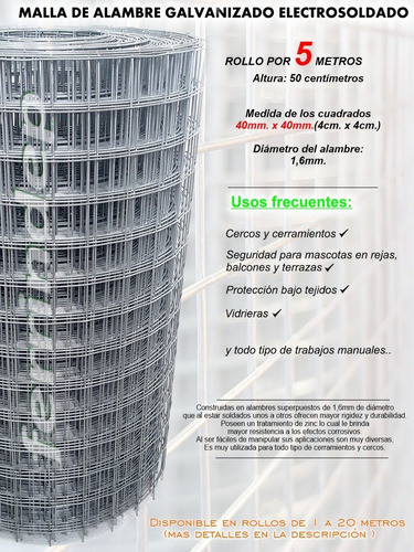 Tejido Metal Malla Electrosoldada 40x40mm Rollo 50cm X 5 Mts 1